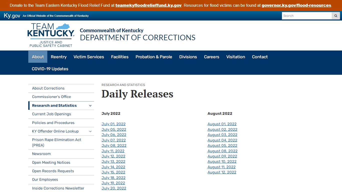 Daily Releases - Department of Corrections - Kentucky